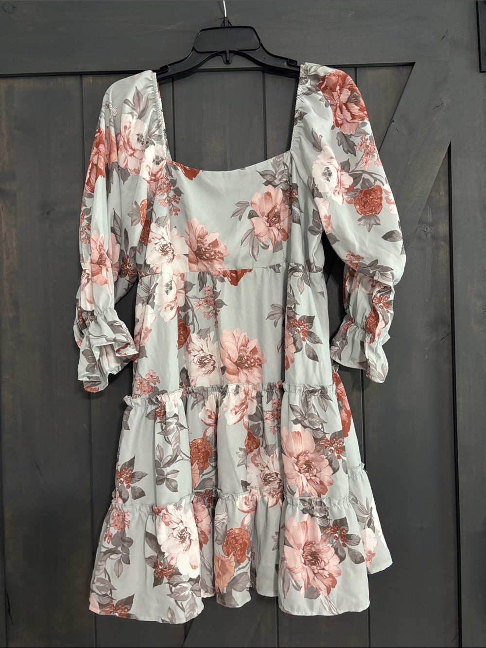 Floral Puff Sleeve Tiered Mini Dress in Soft Sage and Blush